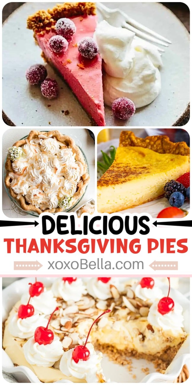 Collage of colorful Thanksgiving pies, including berry, custard, and cream varieties topped with whipped cream and cherries.