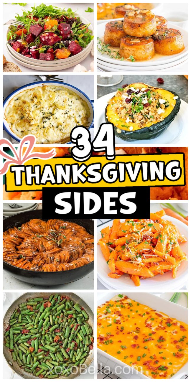 A collage of delicious Thanksgiving sides with the text "34 Thanksgiving Sides" displayed in the center.
