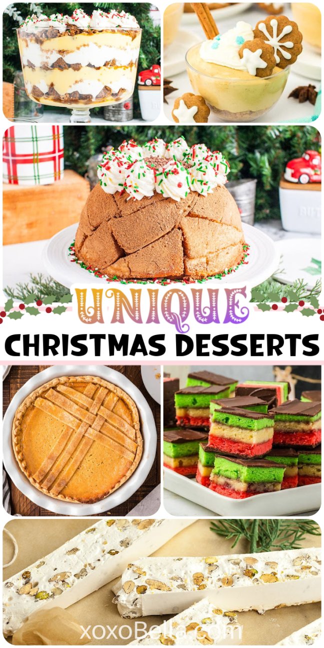 Collage of six unique Christmas desserts, including cakes, bars, cookies, pie, and nougat, beautifully arranged with festive holiday decor.
