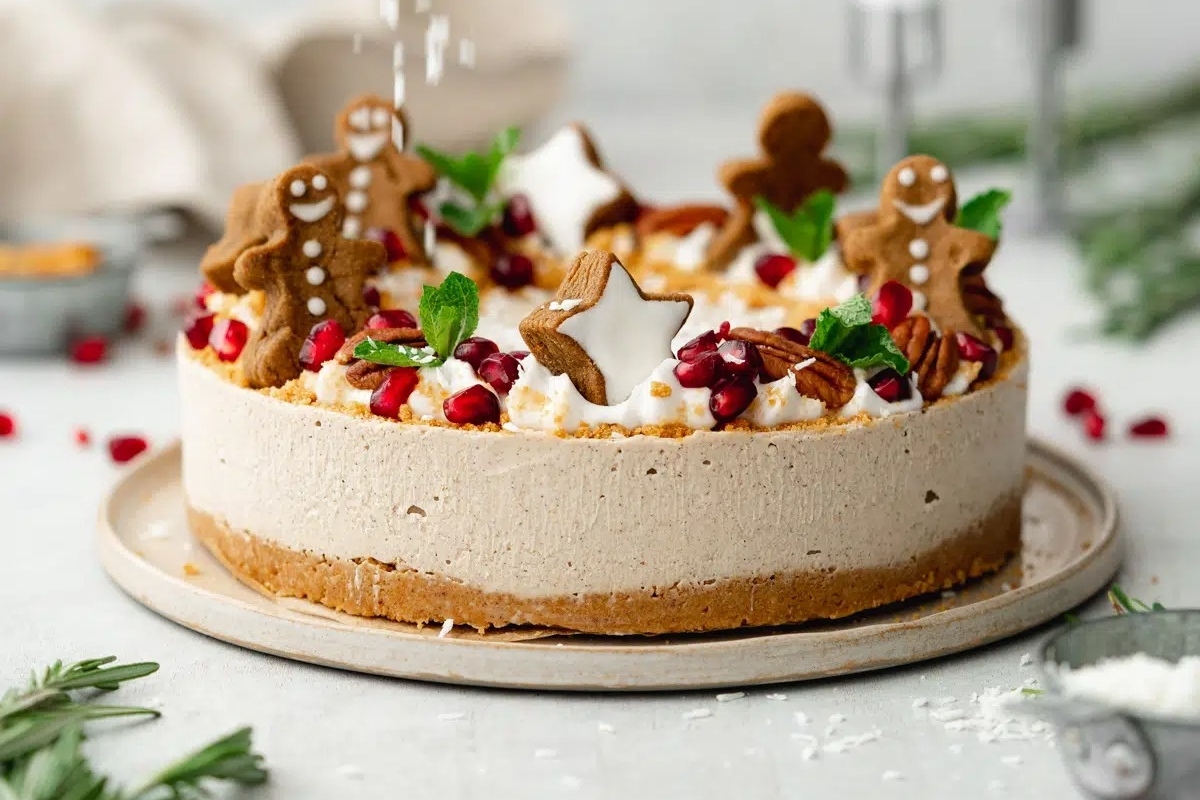 Gingerbread cheesecake with cranberries and icing.