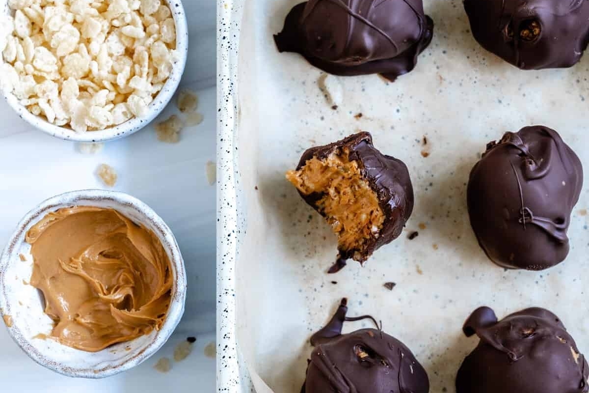Vegan No-Bake Chocolate Peanut Butter Balls With Rice Krispies. Photo credit: Plantbased On A Budget.