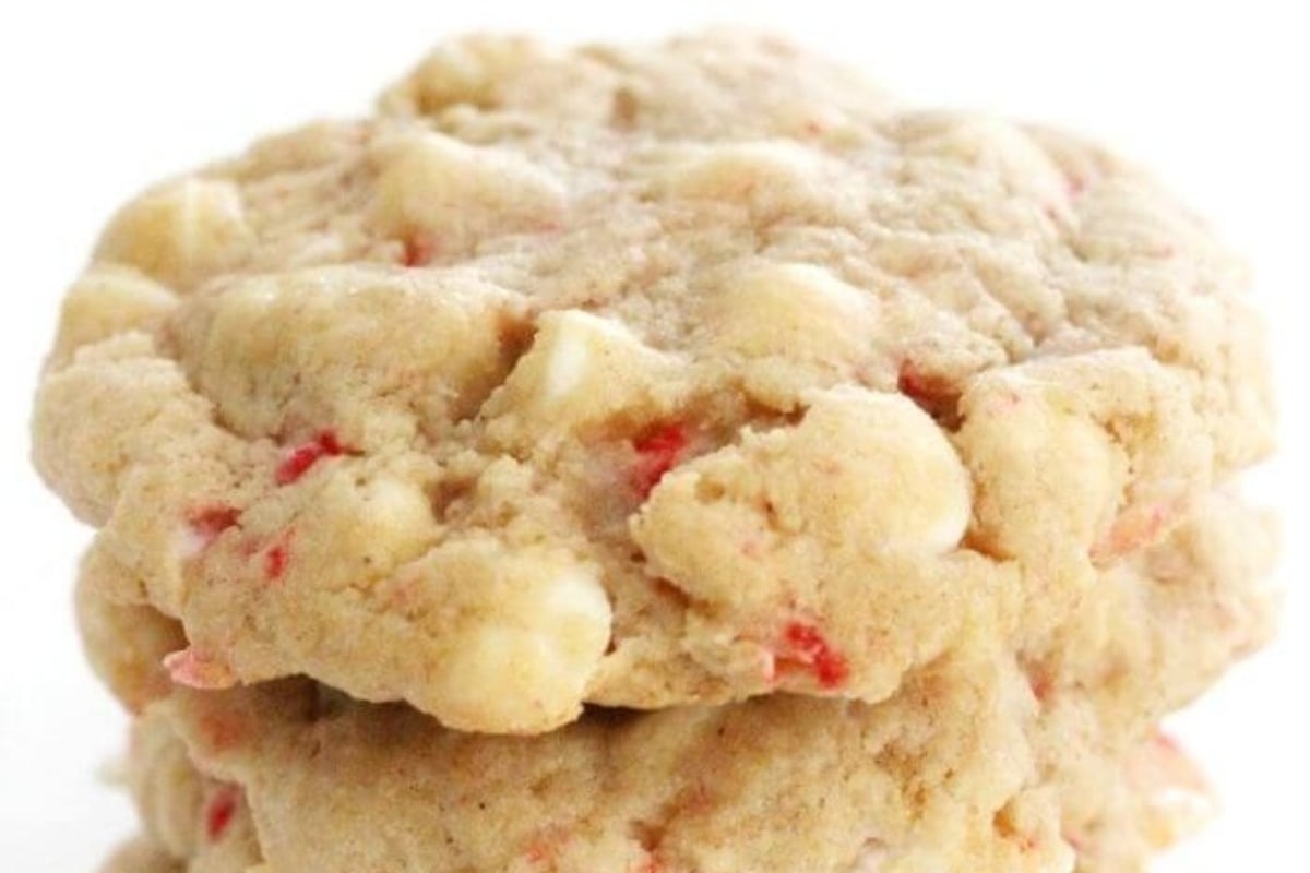A stack of white chocolate peppermint cookies, perfect for your freezable cookie recipes.