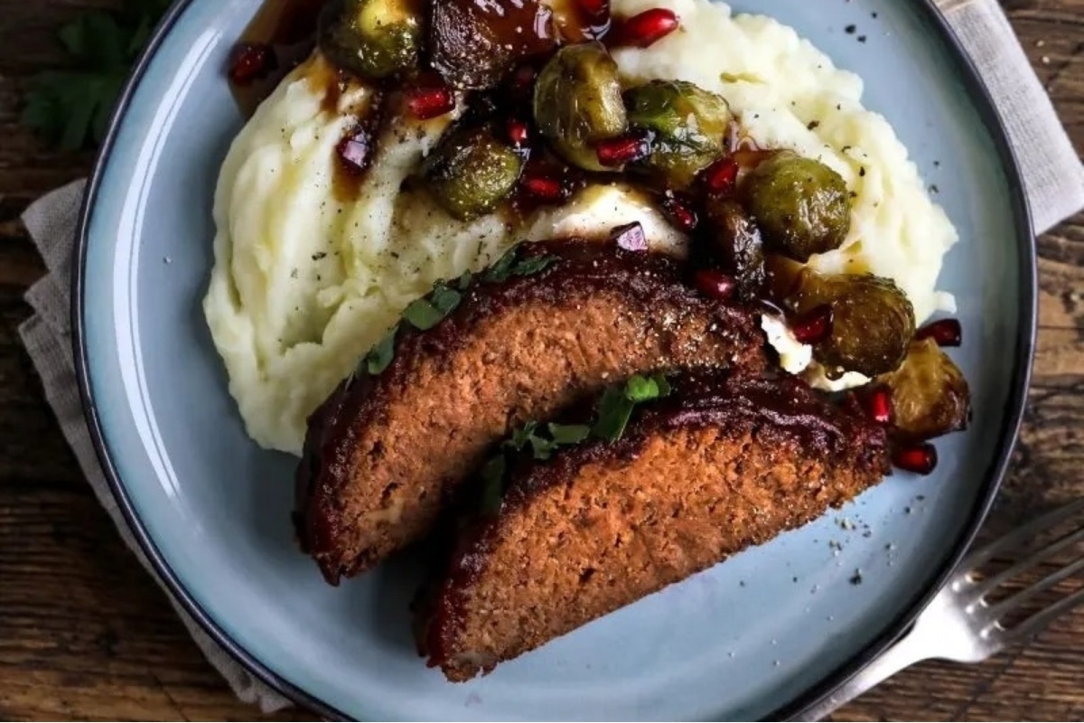 Make ahead meatloaf and mashed potatoes on a plate.