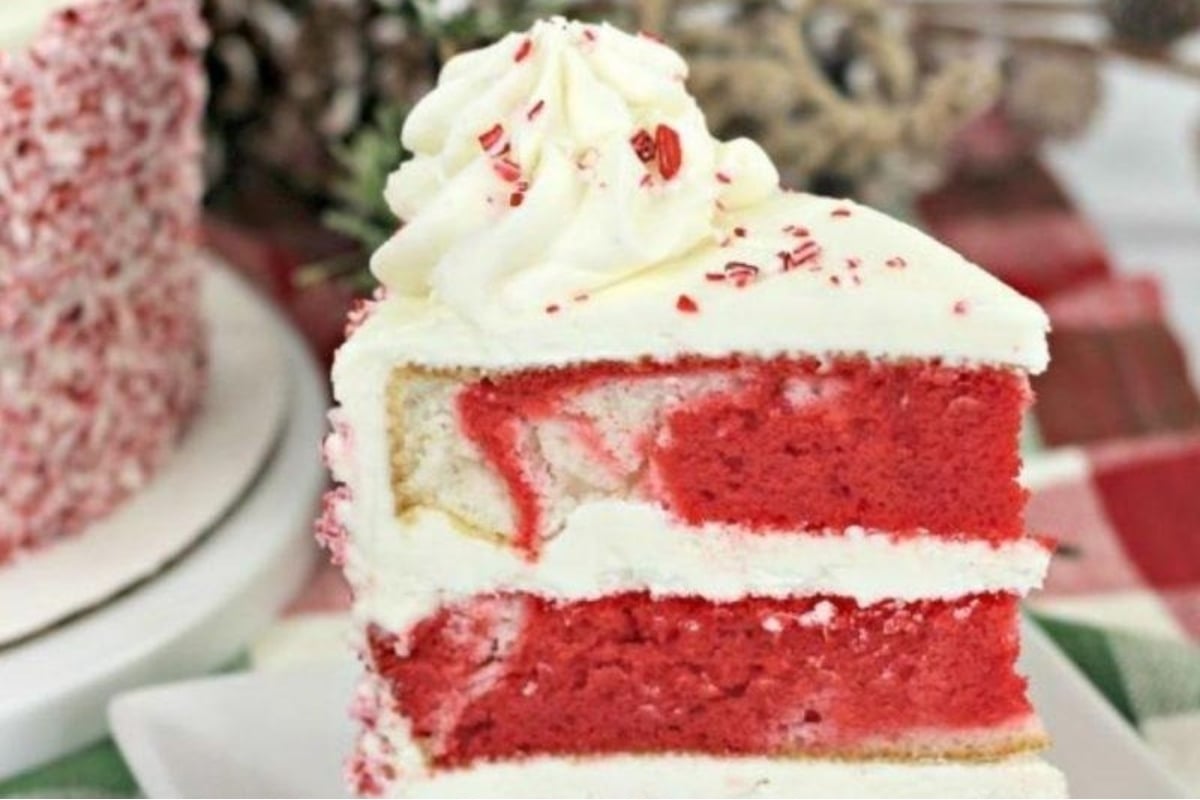 A slice of red velvet cake on a plate.