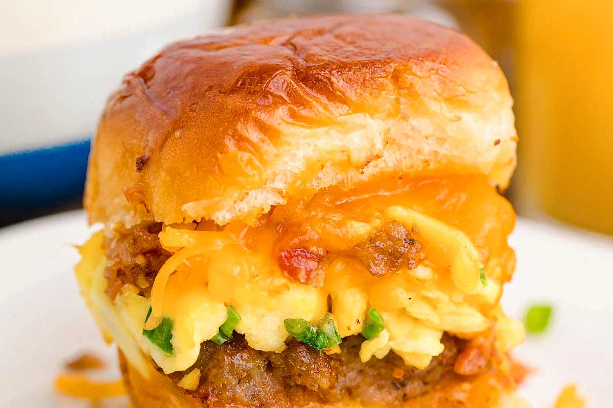 New Year's Day brunch with breakfast sliders featuring eggs and cheese served on a plate.