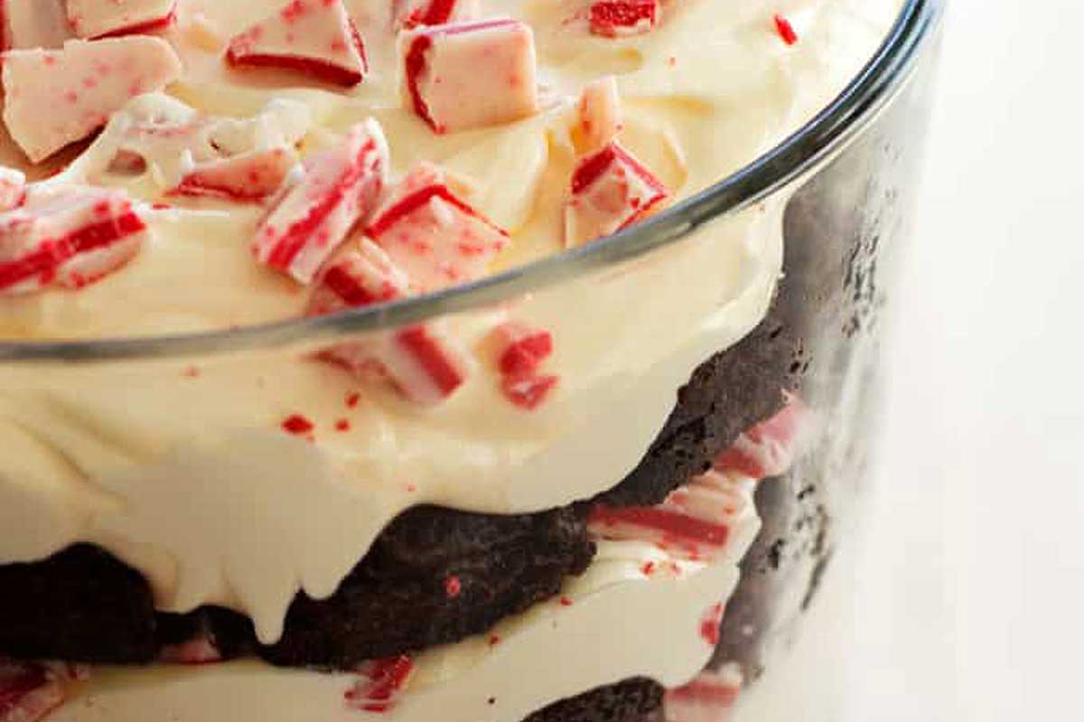 Christmas chocolate peppermint trifle in a glass jar.