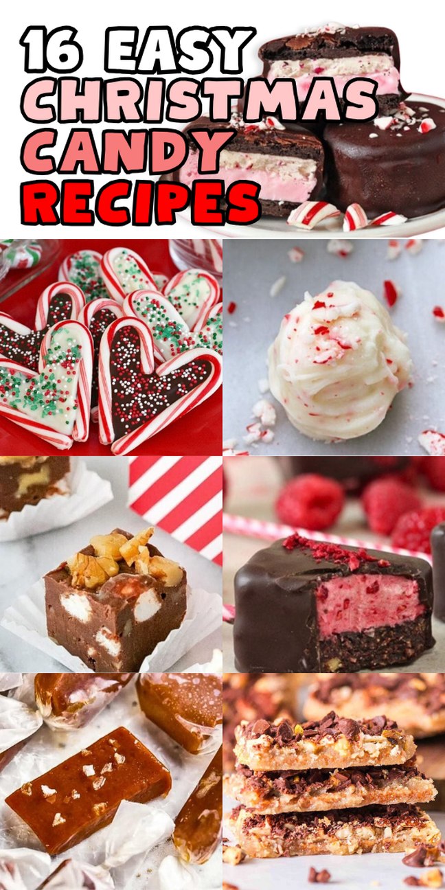 Collage of festive Christmas candy, featuring fudge, bark, truffles, caramels, and beautifully decorated candy canes.