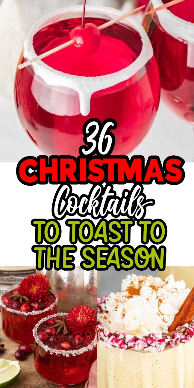 Red Christmas cocktails in festive glasses with garnish; a whipped cream-topped drink brings cheer.