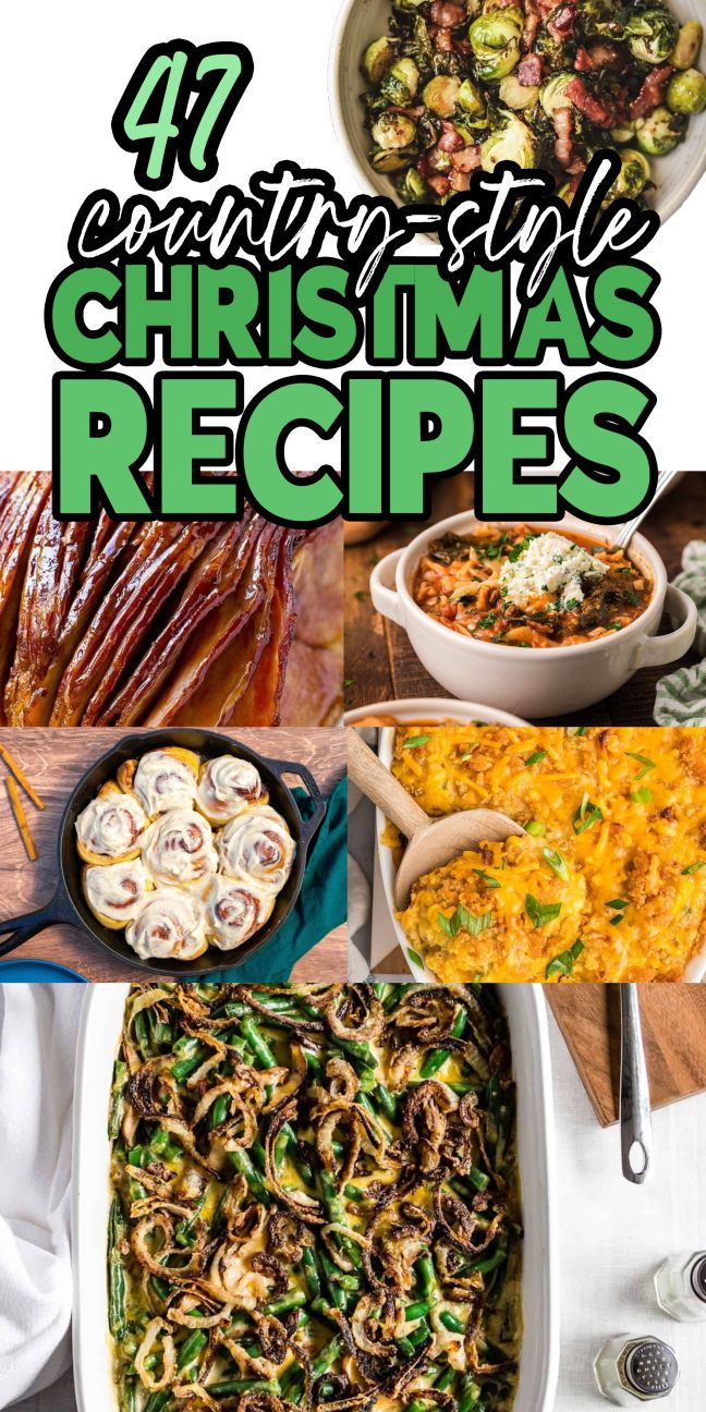 Collage of country-style Christmas holiday dishes, including casseroles, ham, rolls, Brussels sprouts, and festive pasta.