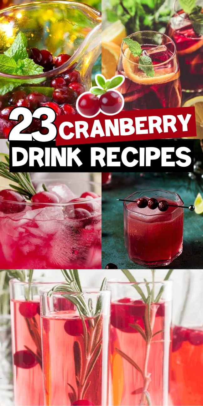 A collage of cranberry drinks and images of vibrant cranberry drinks in a variety of colorful glasses.