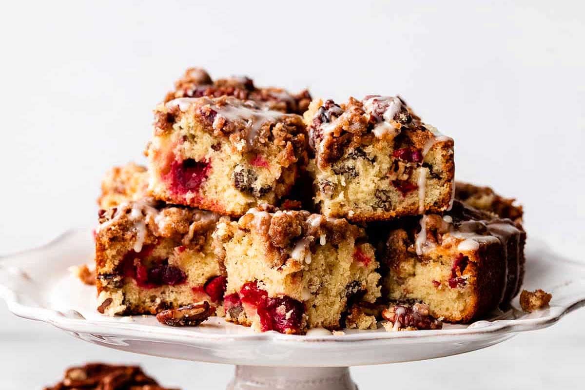 Cranberry cocoa coffee cake on a white plate.