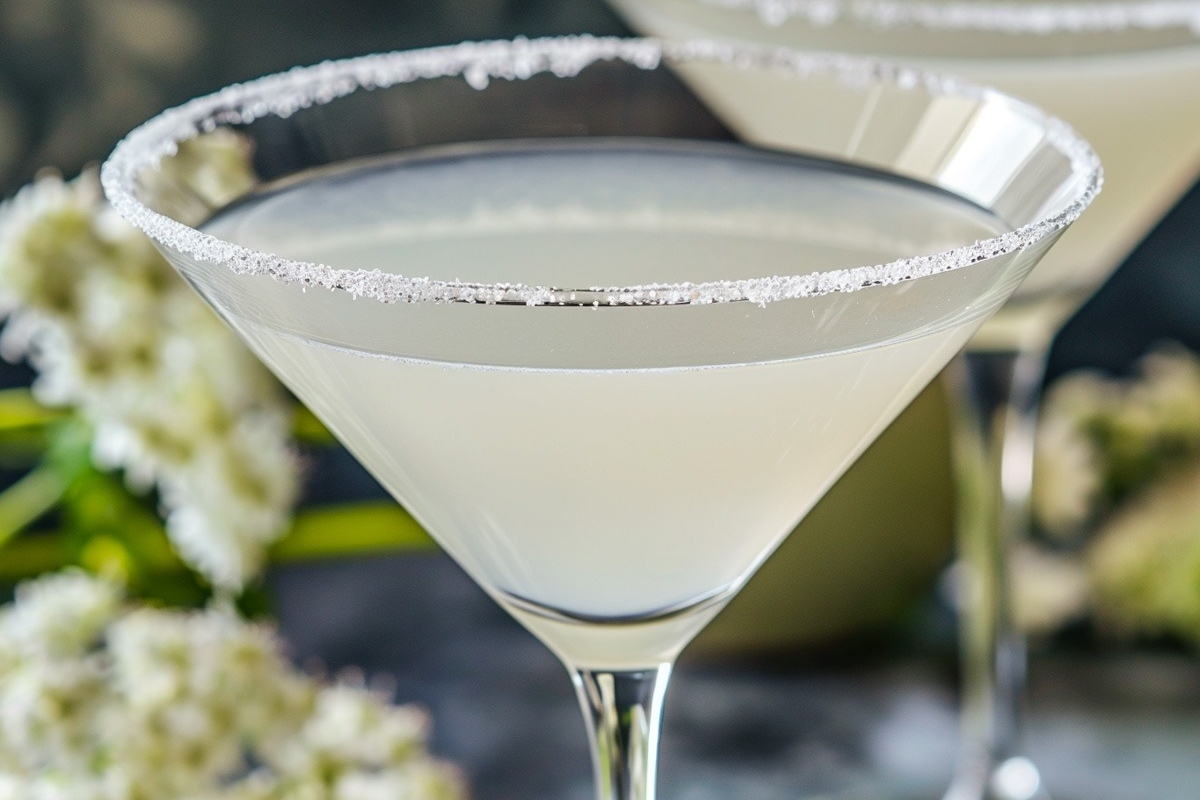 Two martinis are sitting on a table next to flowers, perfect for New Year's Eve cocktail ideas.
