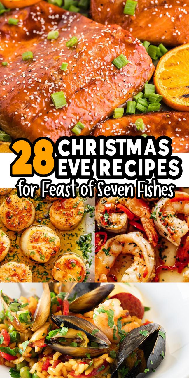 Collage of seafood dishes - delicious Christmas Eve recipes for Feast of Seven Fishes.