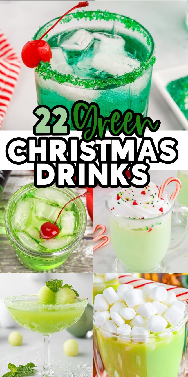 Collage of five festive green Christmas drinks, some adorned with cherries, candy canes, whipped cream, and marshmallows.