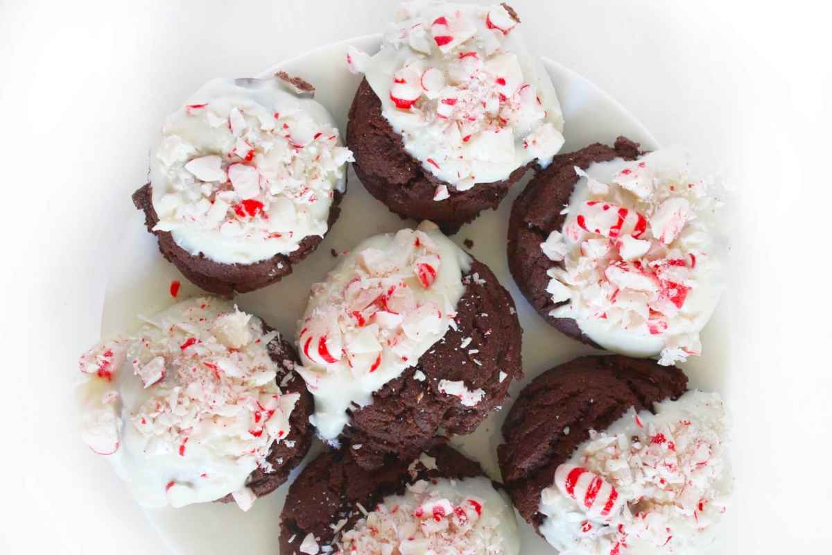 Chocolate peppermint cookies on a white plate.