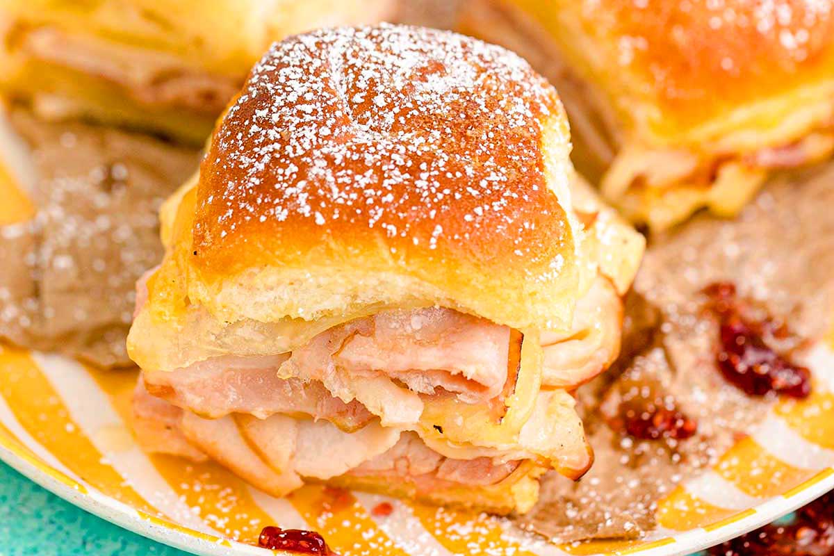 A festive New Year's Day Brunch plate with food on it.
