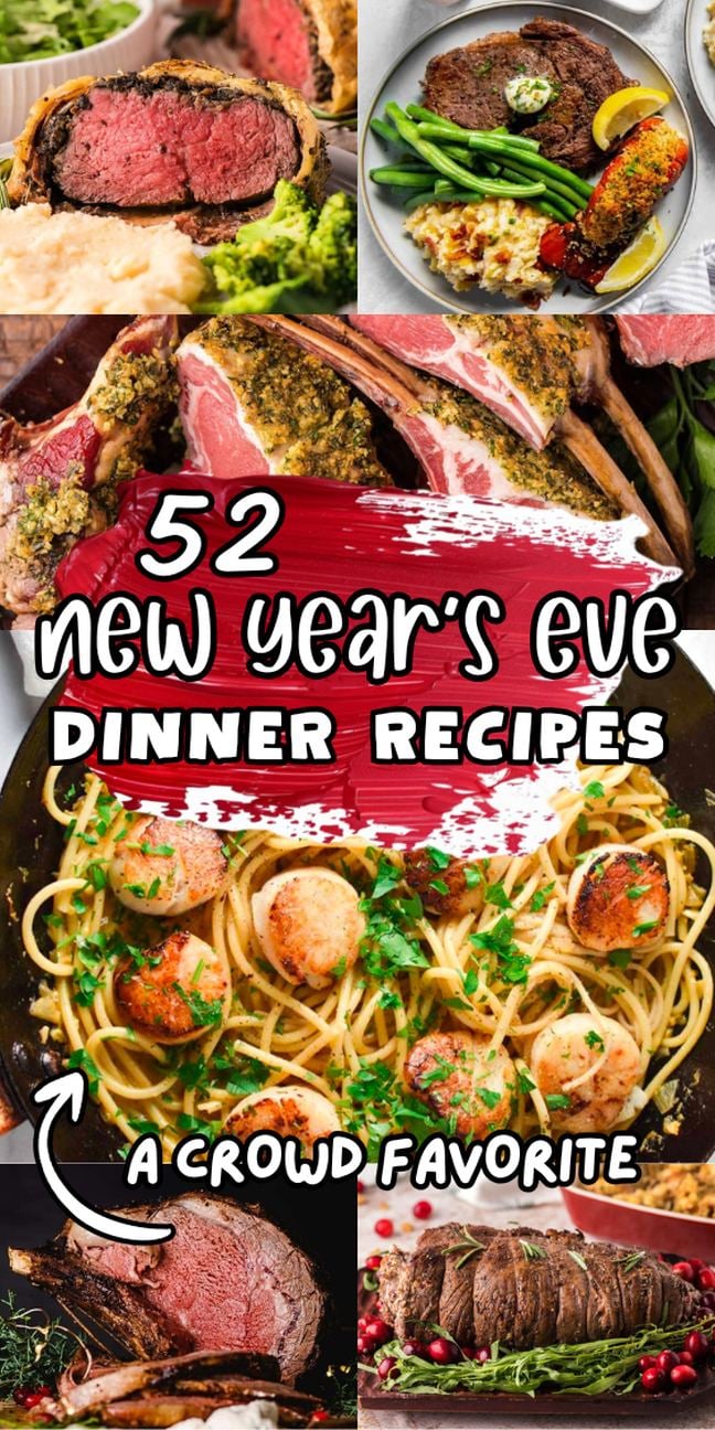 Collage of gourmet dinner dishes, featuring creative ideas for memorable New Year's dinners.