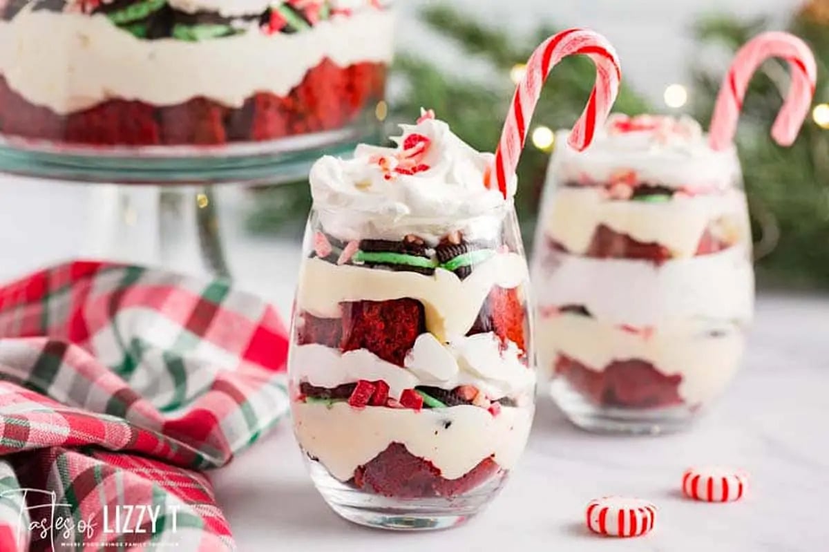 Christmas trifle with red velvet and candy canes.