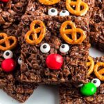 Reindeer rice krispie treats made with Cocoa Pebbles.