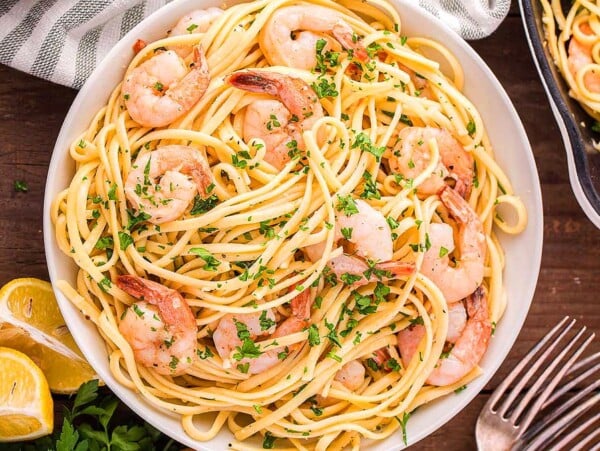 Shrimp Linguine in a bowl.