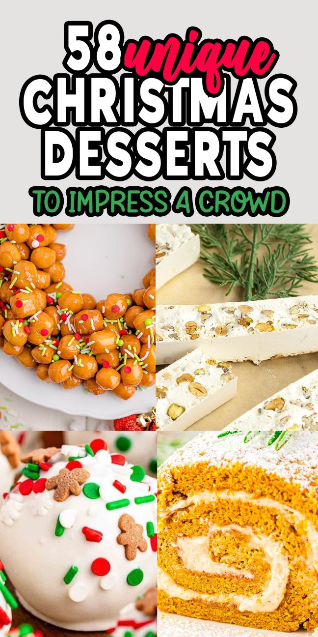 Collage of unique Christmas desserts adorned with colorful sprinkles, nuts, and festive holiday decorations.