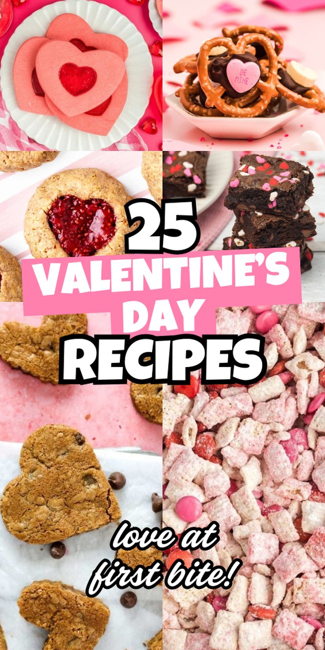 Collage of heart-shaped Valentine's treats and desserts and delicious Valentine party recipes.