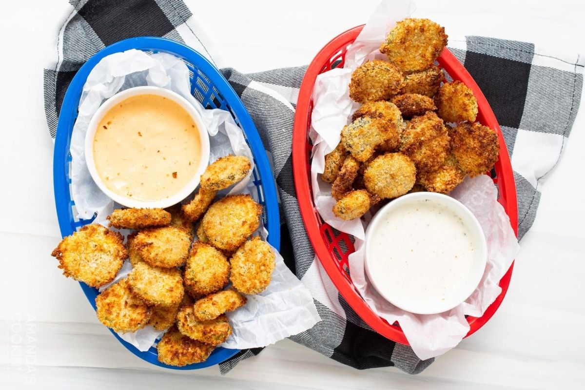 Two baskets filled with fried tater tots and pickle recipes.