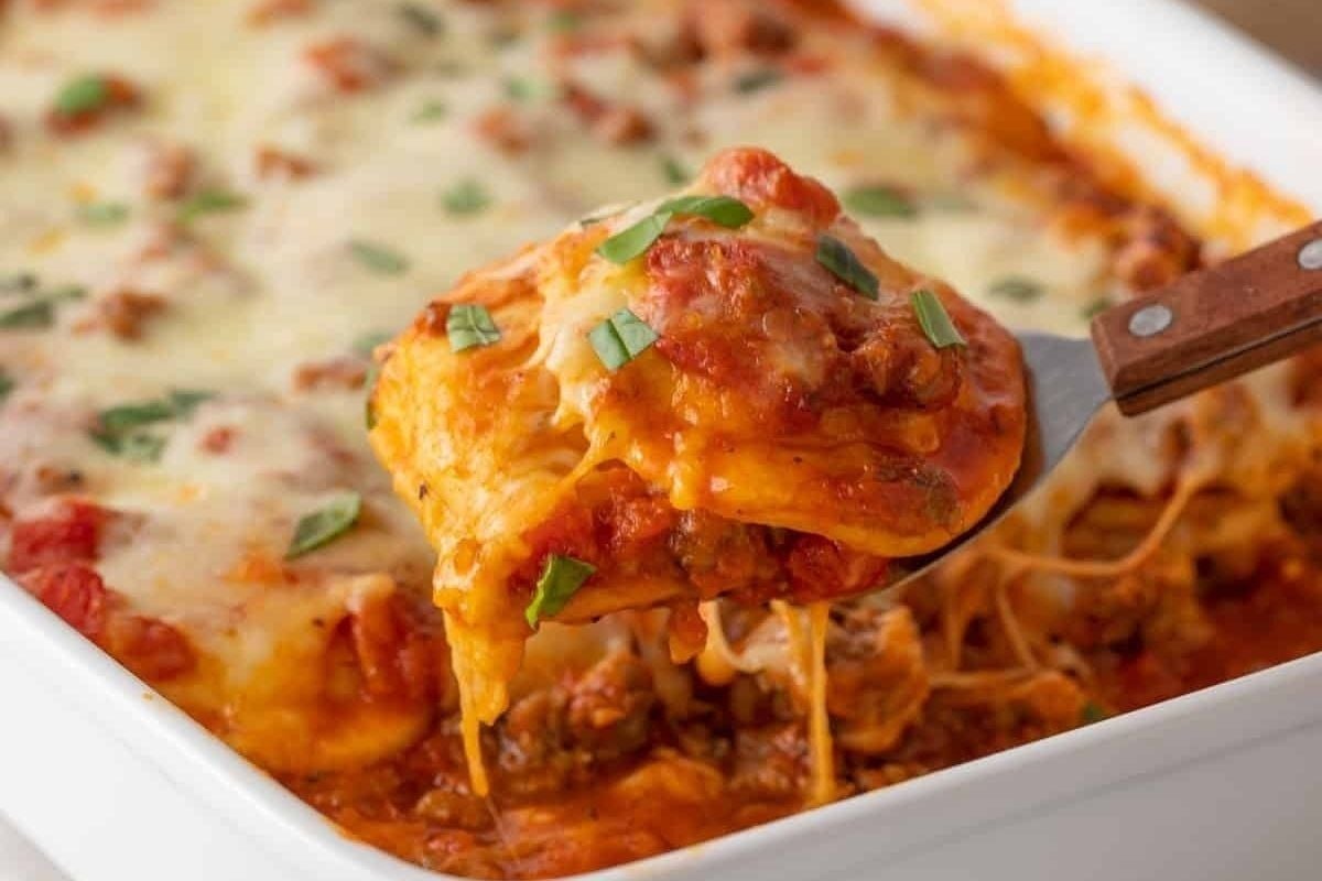 Lasagna casserole in a dish.