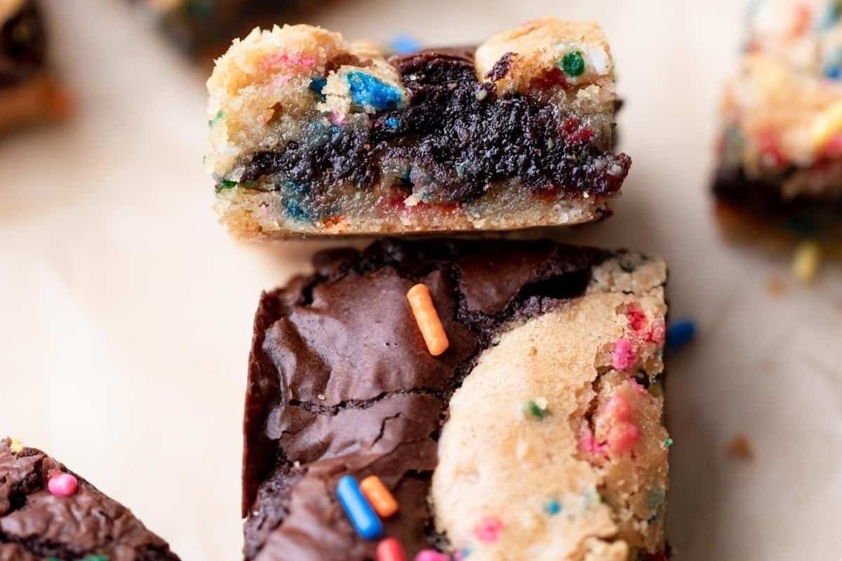 A group of delicious brownies with sprinkles on top, made using our special brownie recipe.