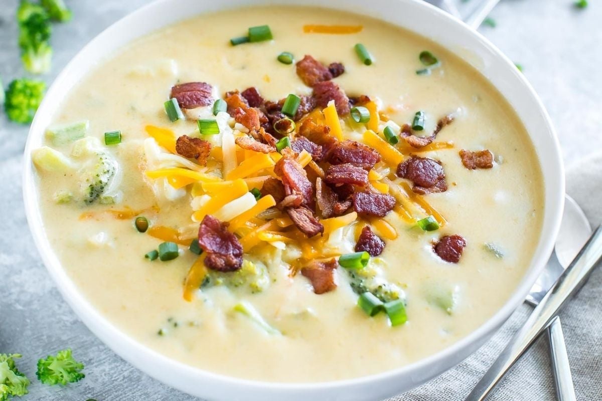 A delicious recipe for broccoli chowder, made with bacon and cheese.