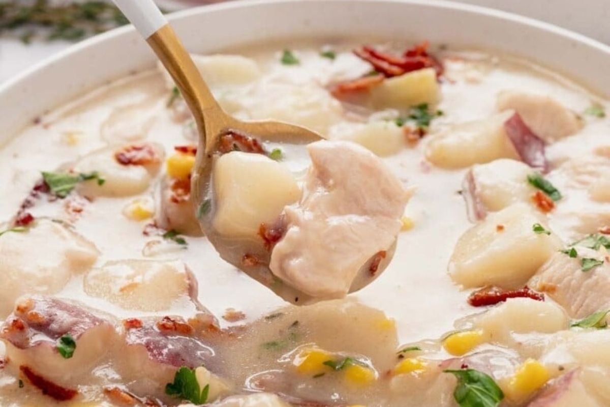 A mouthwatering chicken chowder recipe loaded with tender potatoes and sweet corn.