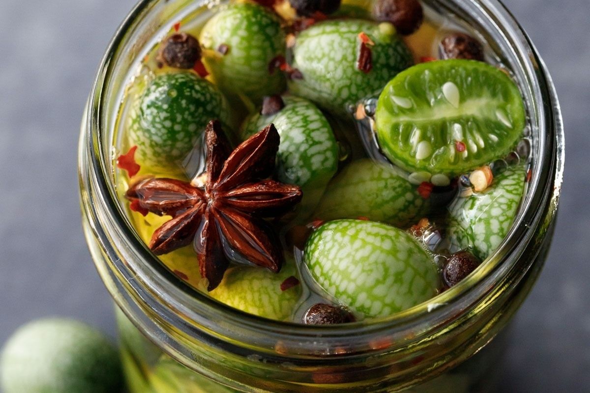 This flavorful jar of pickled okra features peppers and star anise, perfect for those looking for new pickle recipes.