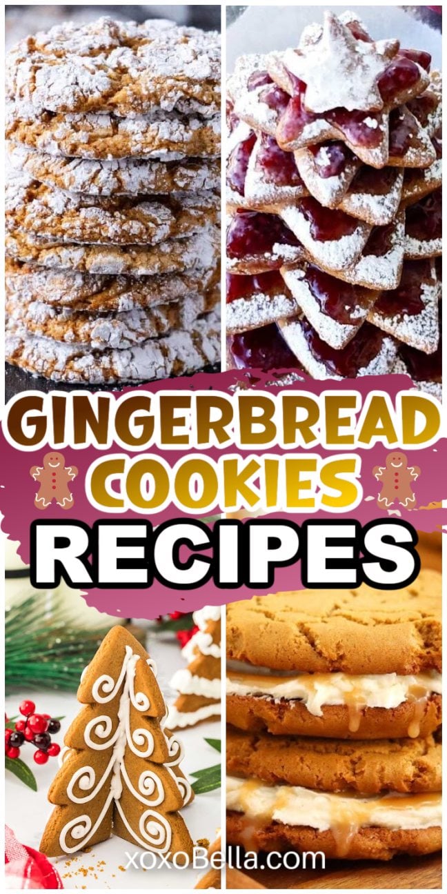 Gingerbread cookie desserts, inspired by classic gingerbread cookies recipes, including stacked cookies, star shapes, and a decorated tree.