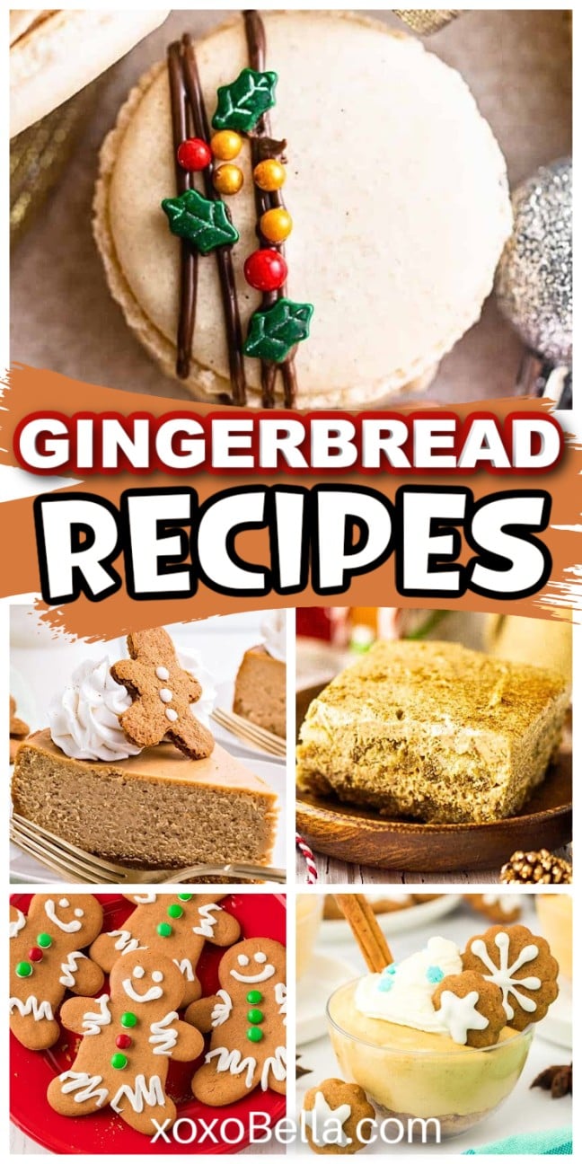 Collage of festive gingerbread desserts, including cookies, cake, and pie, with holiday decorations—perfect inspiration for your favorite gingerbread recipes.