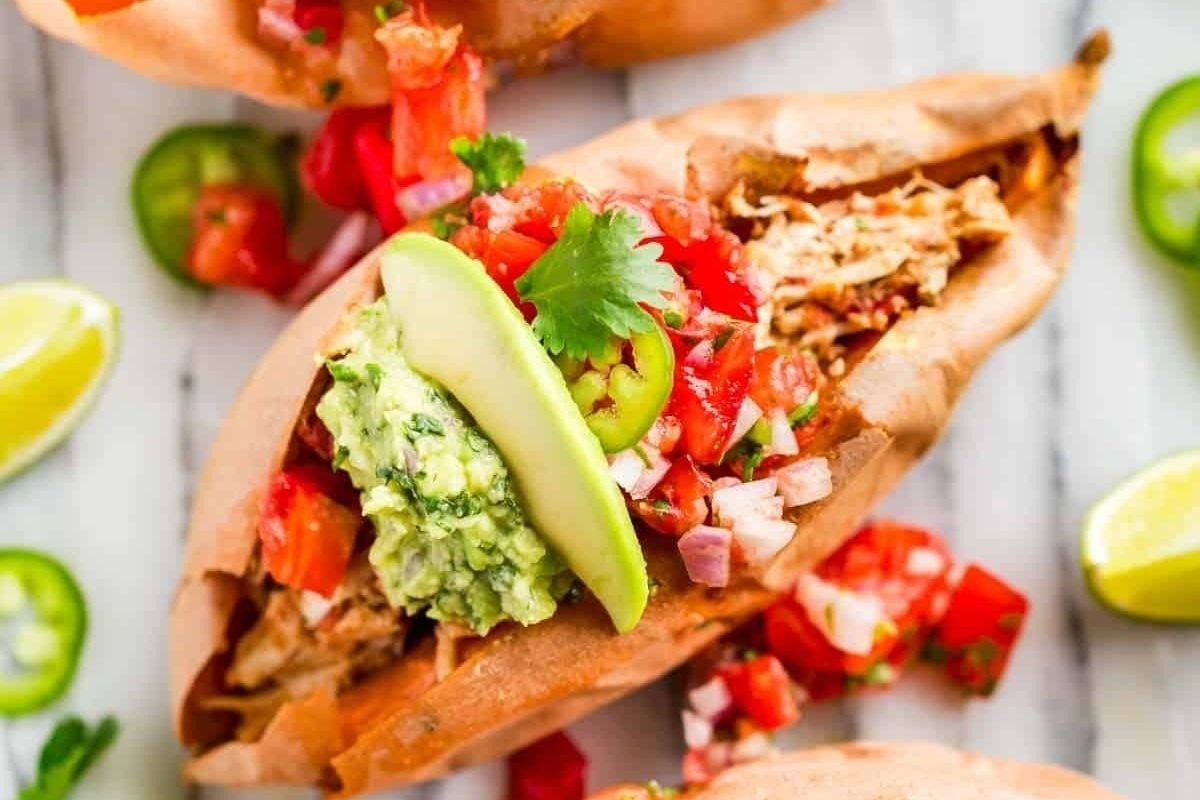 Winter comfort food - sweet potato stuffed with chicken and guacamole, made in the Instant Pot.