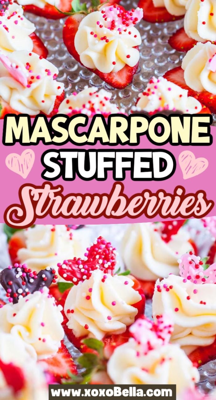Close-up of mascarpone stuffed strawberries topped with sprinkles, beautifully arranged on a tray.