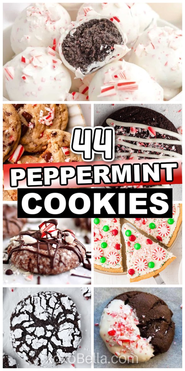 A collage of delightful peppermint cookies, featuring varieties with chocolate, frosting, and crushed peppermint toppings.
