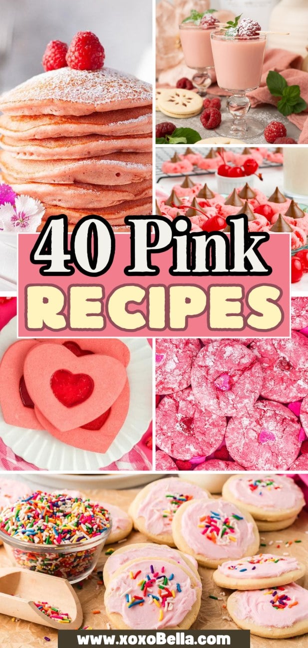 A collage of pink desserts, cookies, pancakes, and drinks highlights a delicious variety of pink recipes