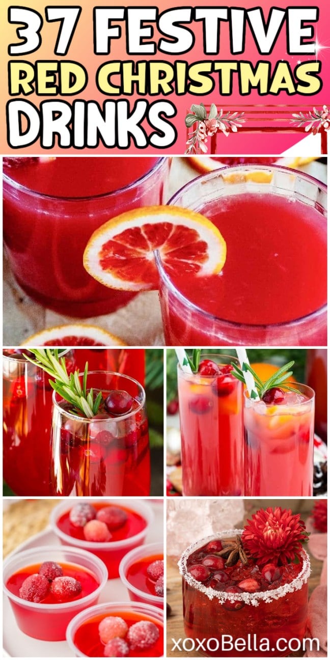 Collage of vibrant red Christmas drinks in glasses, garnished with fruit and festive decorations—perfect for trying a new red Christmas drinks recipe.