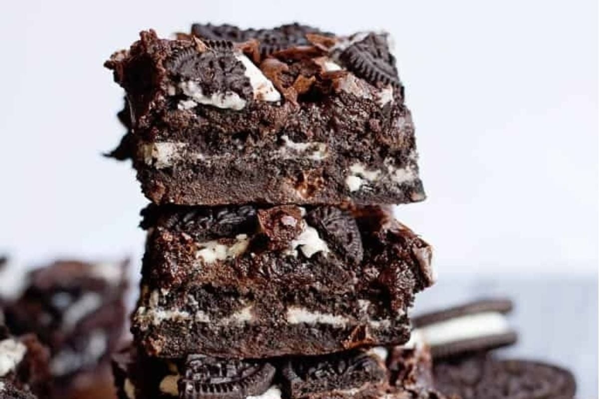 Delicious Oreo fudge brownies stacked on top of each other, made with the finest brownie recipes.