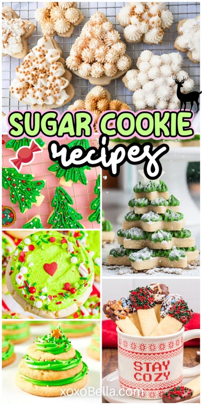 A collage of decorated Christmas sugar cookies, including trees, stars, snowflakes, and a cookie tree—perfect inspiration for your next sugar cookie recipes.