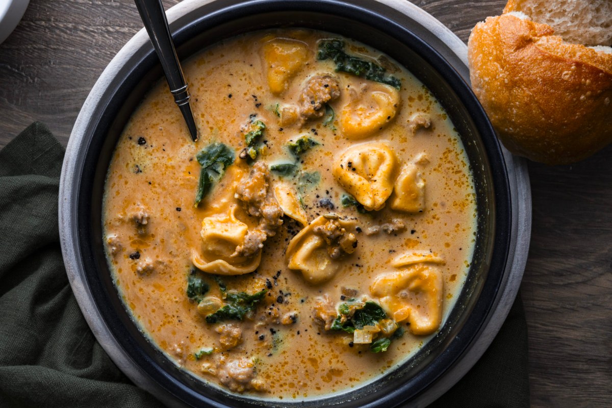 A creamy soup with tortellini and swiss chard.