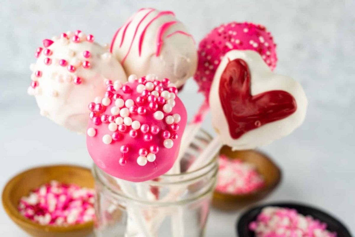 Valentine's day heart-shaped cake pops in a jar.