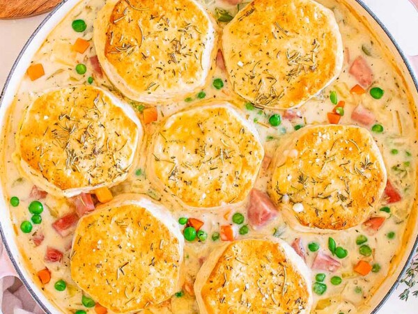 Leftover Ham Pot Pie with Biscuits.