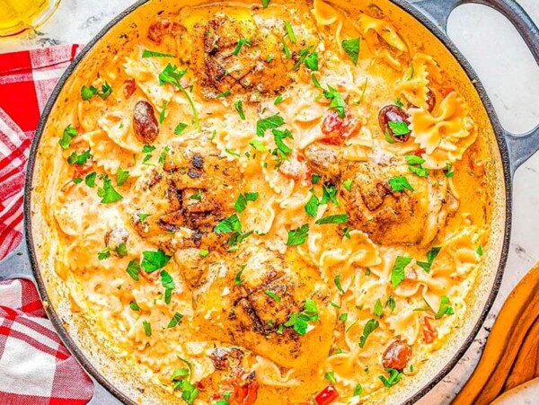 Mediterranean Baked Crispy Chicken and Pasta.