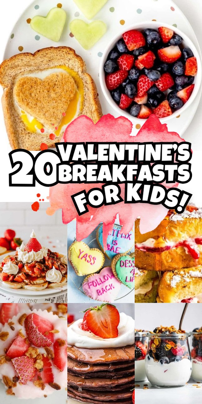 A collage of colorful Valentine’s breakfasts for kids, featuring fruit, pancakes, toast, and decorated cookies.
