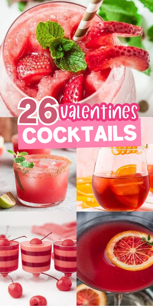 Collage of pink and red Valentines cocktails with strawberries, cherries and more.