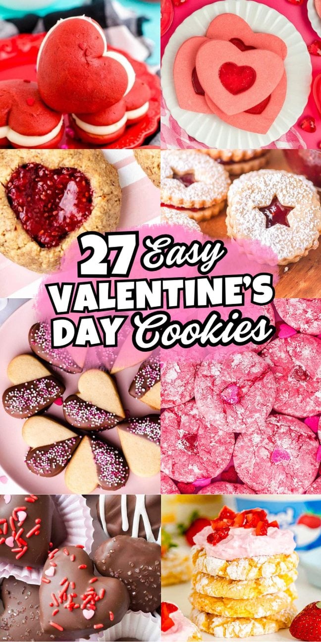 A collage of heart-shaped and festive Valentine's Day cookies