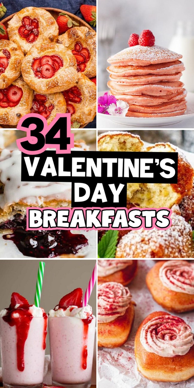 Collage of pink, heart-themed breakfast foods perfect for celebrating love.
