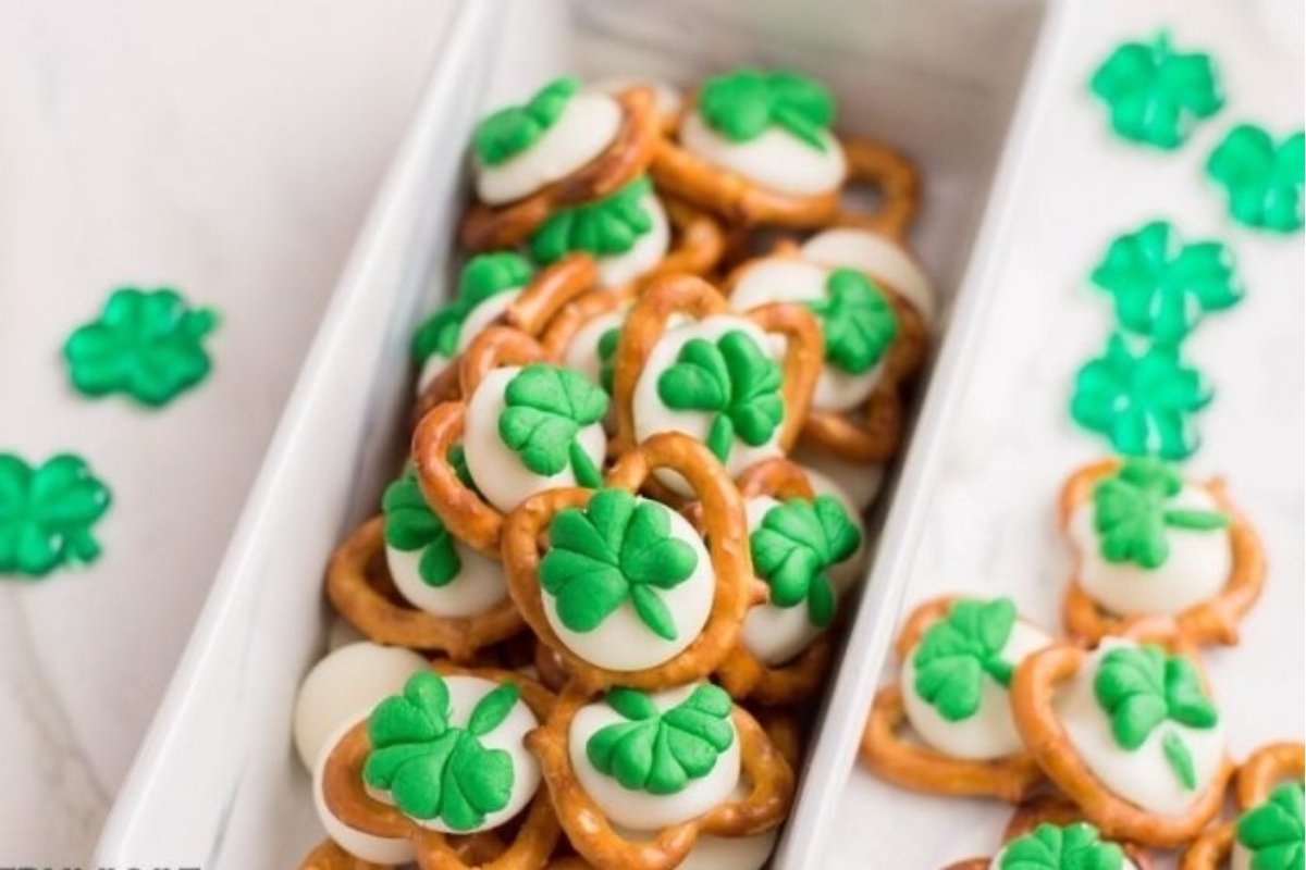 St Patrick's day sweets pretzels on a white plate.
